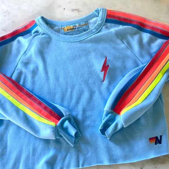 Aviator Nation Lightning Bolt Neon Rainbow Stripe Crop Sweatshirt in Blue - Picture 5 of 14